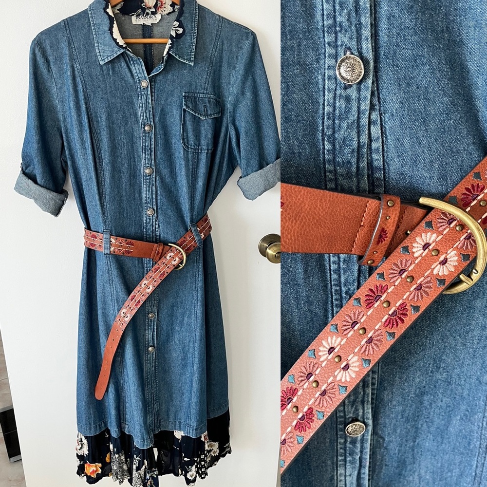 New vintage cotton denim shirt dress. Style of 1970-80s.